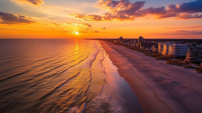 A breathtaking aerial view of a Delaware beach at sunset, with golden light reflecting off the ocean waves and a scenic coastline lined with buildings